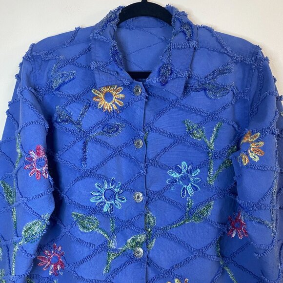 Tantrums Jacket Women's L Blue Floral Vintage Embroidered Flower Button Collared - Picture 3 of 9